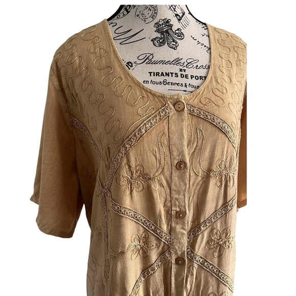 Maxi Dress Vintage Rayon Embroidered – Butterscotch L / 27” PTP - Picture 1 of 6